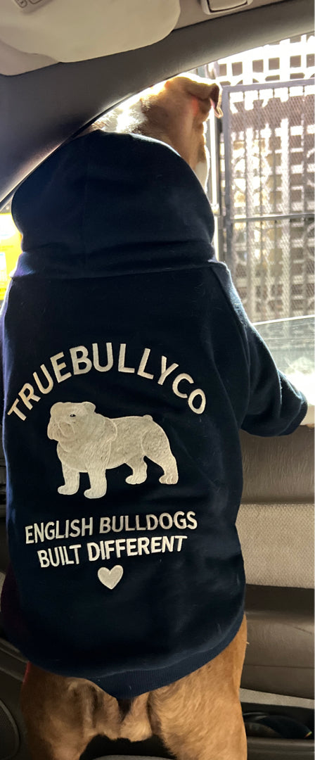 True Bully Co. Signature Navy English Bulldog Hoodie back branding
